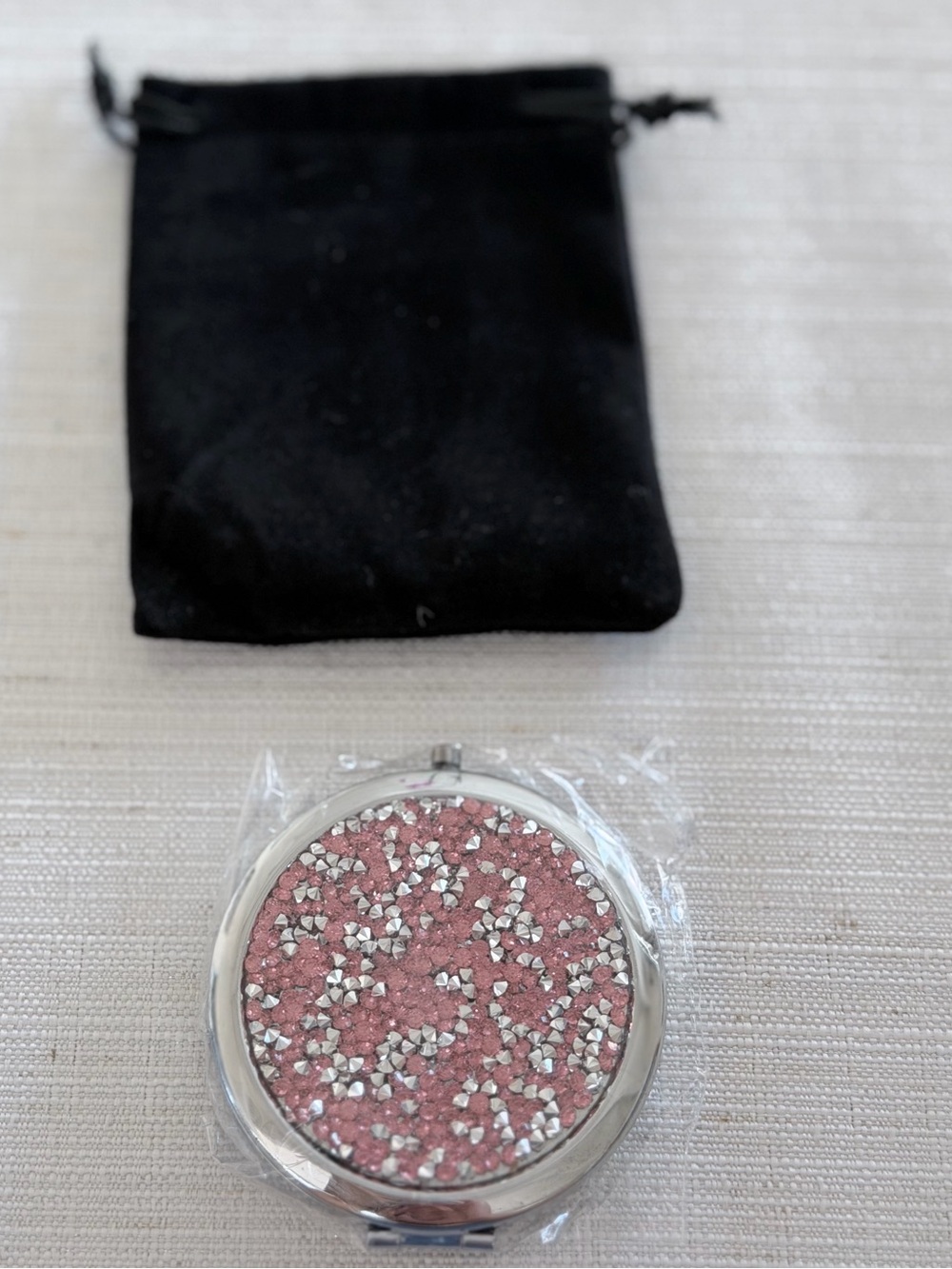 Pink and silver rhinestone compact mirror with dust bag